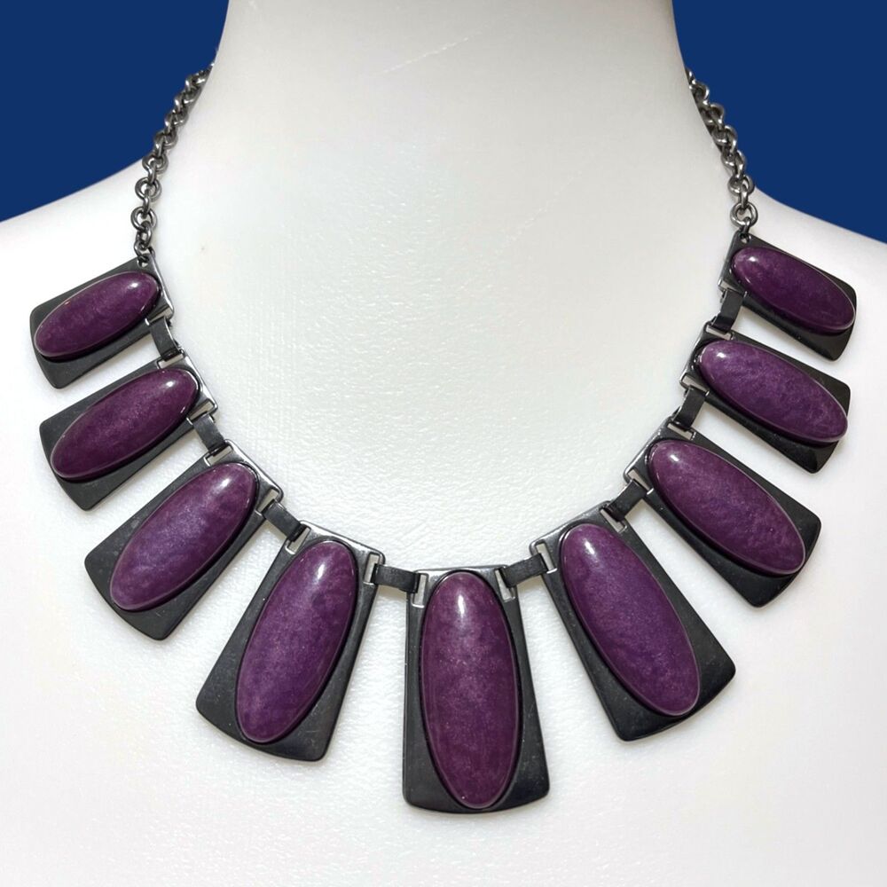 Purple Tribal Statement Necklace Chunky Gunmetal Bib Cabochon Tile Punk Goth